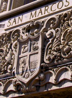 a cut stone logo for the San Marcos Court building in downtown Santa Barbara, California.